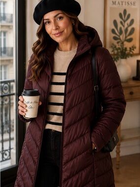 Reitmans Burgundy Quilted Puffer Coat Hooded Long Winter Jacket Size XXL Cozy